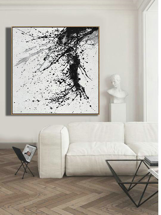 Large Abstract Painting Canvas Art,Minimalist Drip Painting On Canvas, Black, White, Grey - Abstract Art Decor,Contemporary Painting